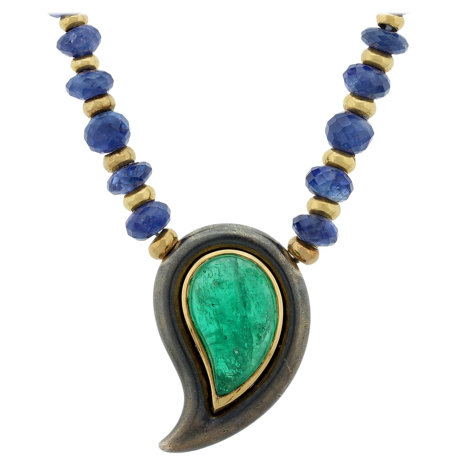 Poiray French Emerald Sapphire Gold Necklace For Sale