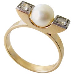 Retro Elis Kauppi Diamond Pearl Gold Finnish Modernist Ring