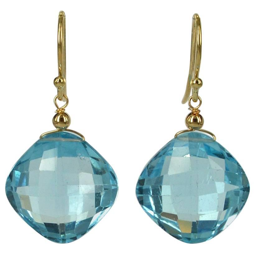Decadent Jewels Checker Board Cut Blue Topaz 14 Karat Gold Earrings For Sale