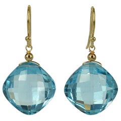 Decadent Jewels Checker Board Cut Blue Topaz 14 Karat Gold Earrings