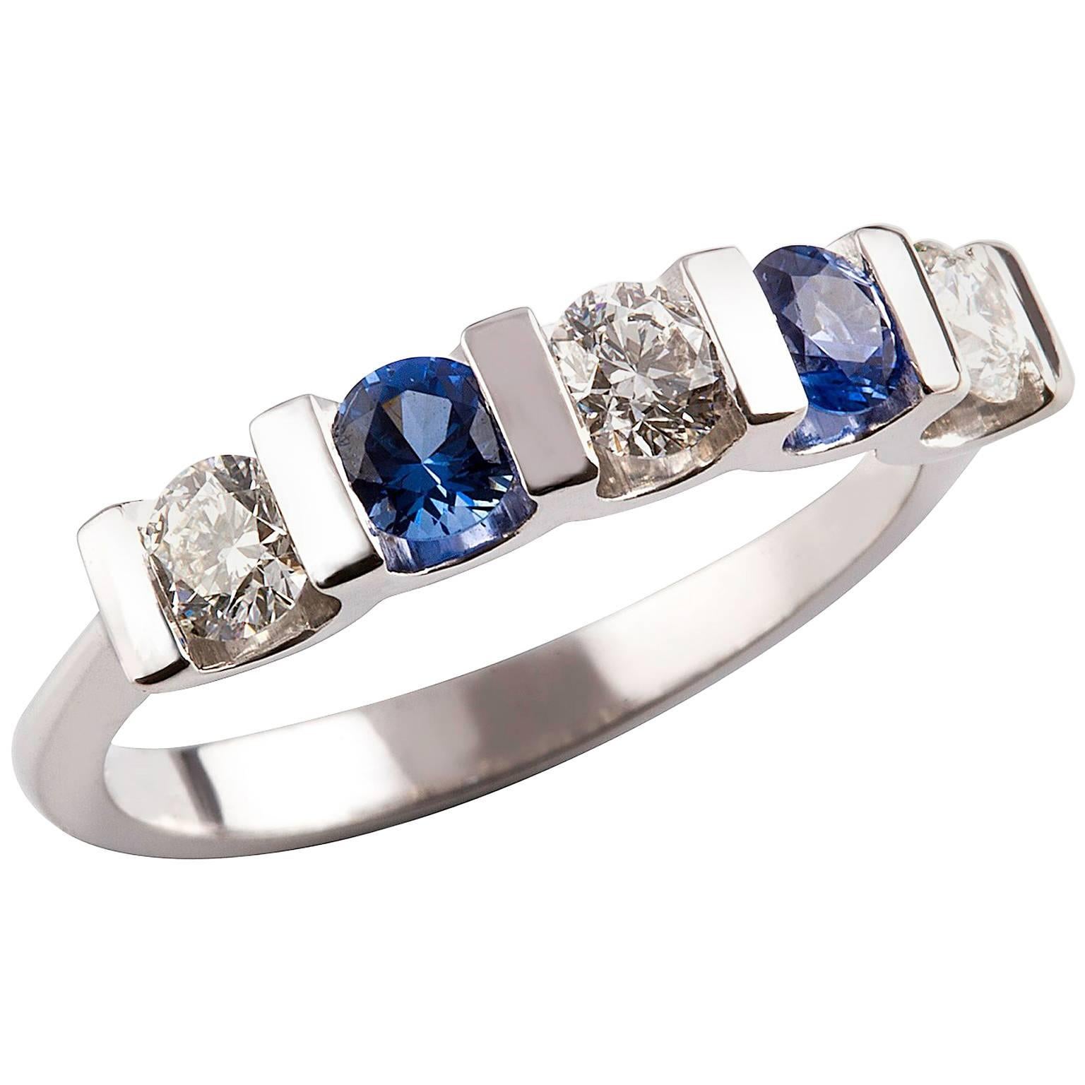 Kian Design Five Stones Ceylon Sapphire & Diamond Bridal Ring In 18K White Gold  For Sale