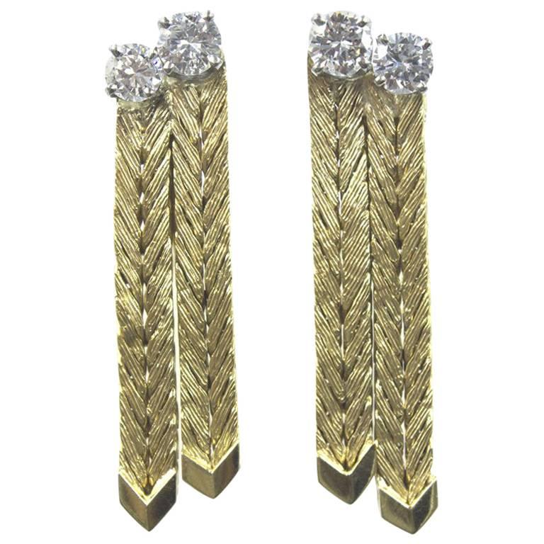 1970s Diamond Double Strand 18 Karat Yellow Gold Drop Earrings