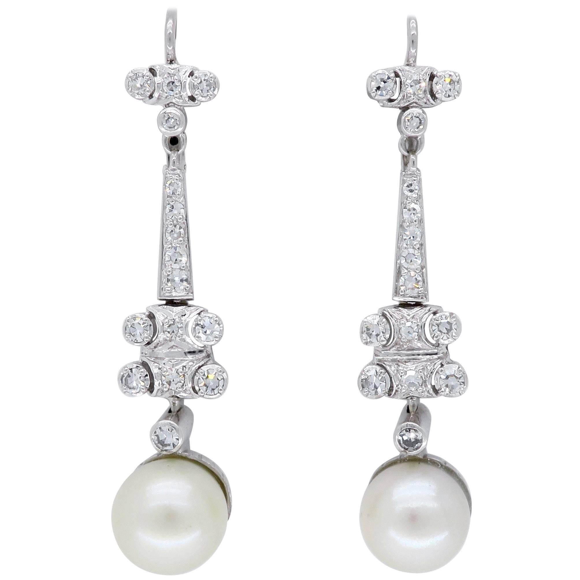 18 Karat White Gold Diamond and Pearl Drop Earrings