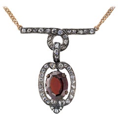 Victorian 1880s Garnet Rose Cut Diamond Gold Silver Necklace