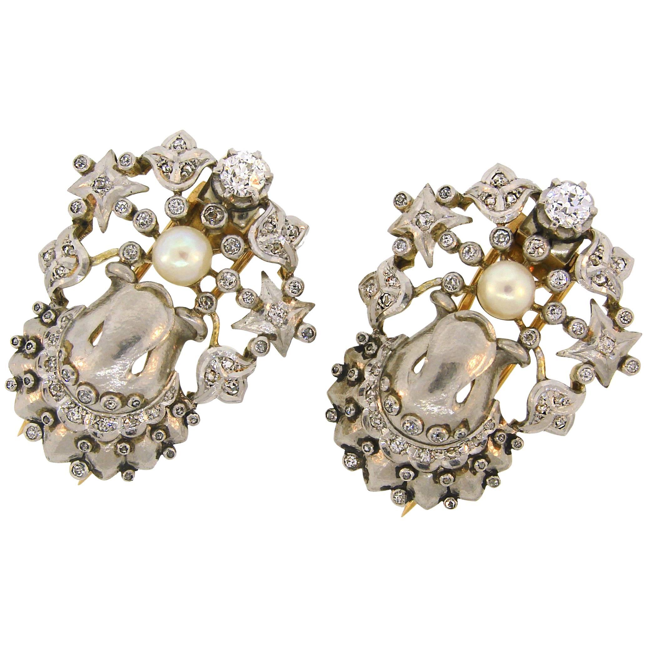 Double Clip-Brosche mit Perlen und Diamanten aus Platin und Gold, französisch, 1930er Jahre
