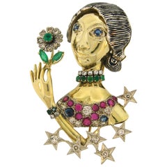 Diamond Ruby Sapphire Emerald Gold Woman with Flower Brooch Pin Clip