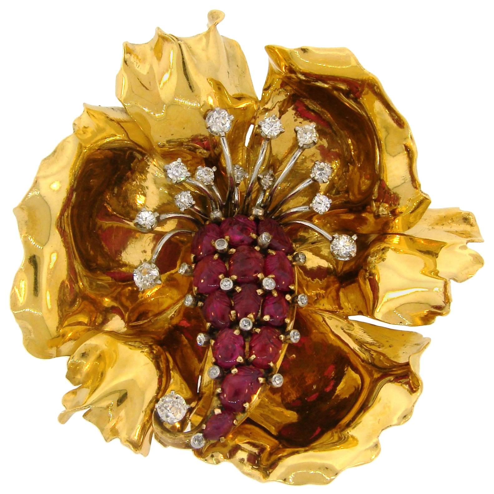 French Ruby Diamond Yellow Gold Flower Brooch Pin Clip, 1950s