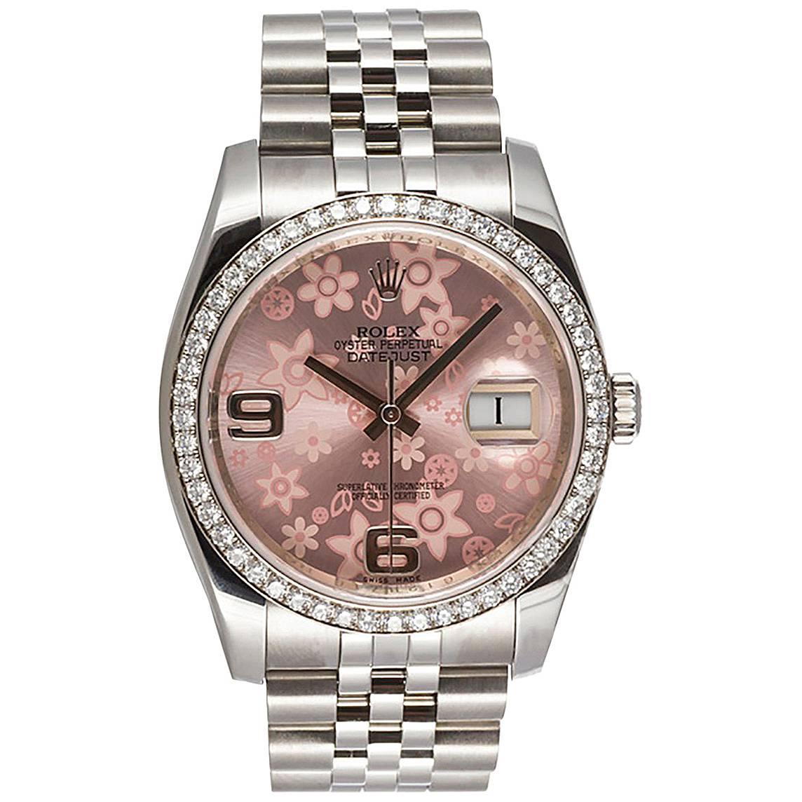 Rolex Stainless Steel Datejust Diamond Bezel Pink Flower Dial wristwatch 