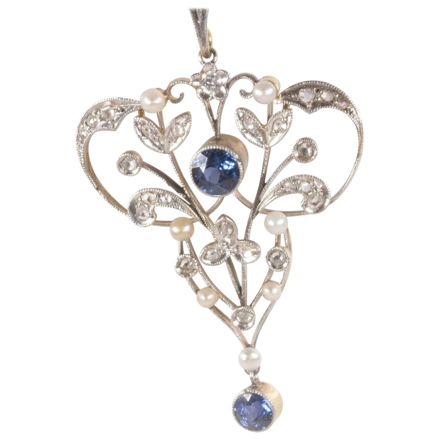 Belle Époque Sapphire Diamond Pearl Pendant