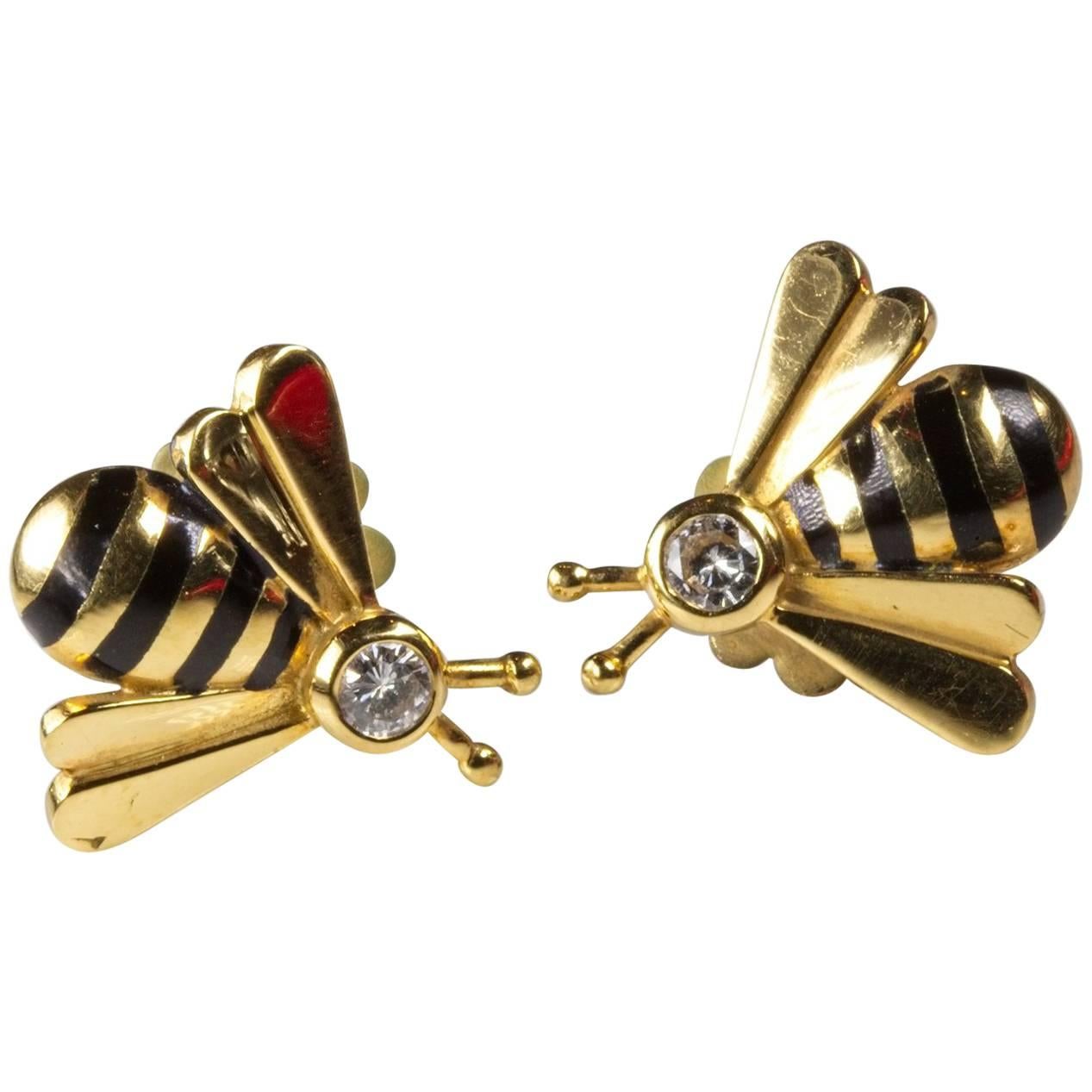 Gold Enamel and Diamond Bee Shaped Stud Earrings For Sale