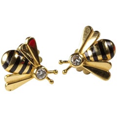 Gold Enamel and Diamond Bee Shaped Stud Earrings