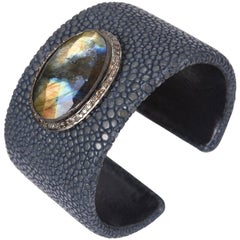 Large Rosecut Labradorite, Diamonds and Shagreen Cuff Bracelet