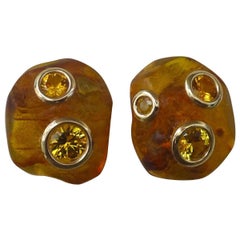 Michael Kneebone Baltic Amber Nugget Citrine Topaz Sapphire Button Earrings
