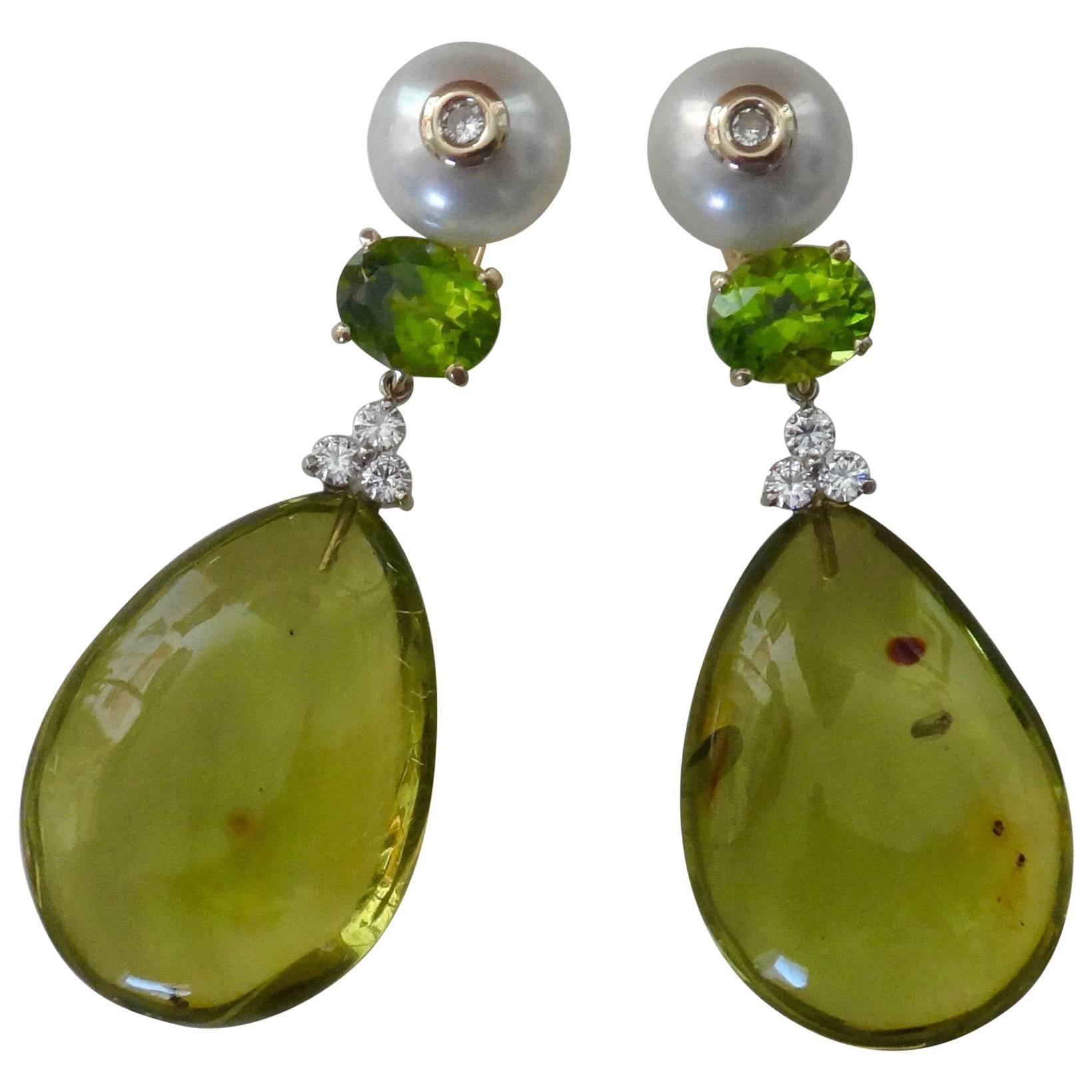 Michael Kneebone Green Amber Peridot Pearl Diamond Dangle Earrings For Sale