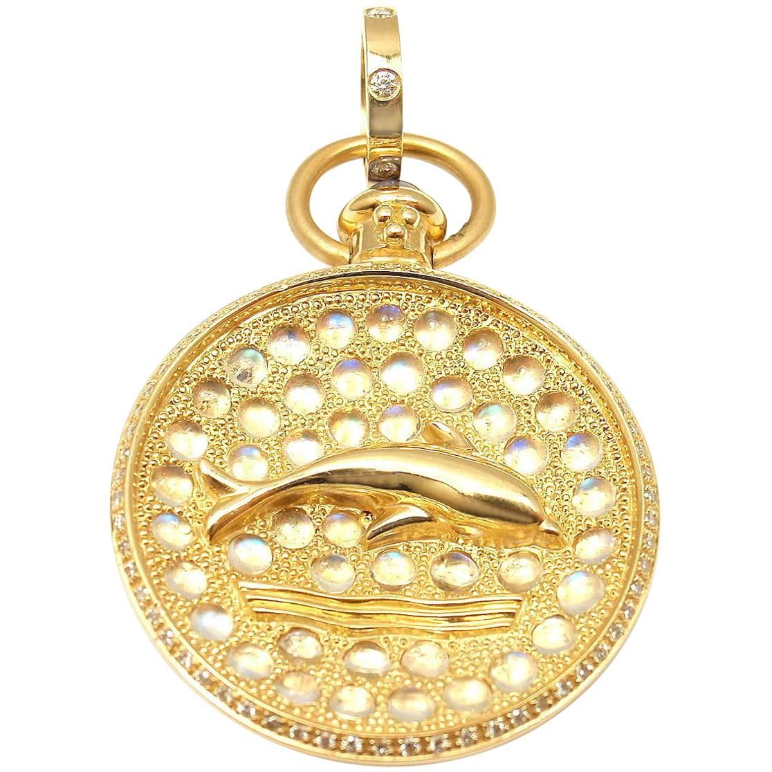 Temple St Clair Diamond Moonstone Sapphire Aqua Dolphin Yellow Gold Pendant