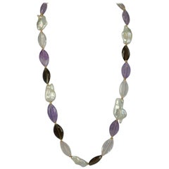 Decadent Jewels Amethyst Smokey Quartz Rose Quartz Ellipse Pearl Gold Necklace