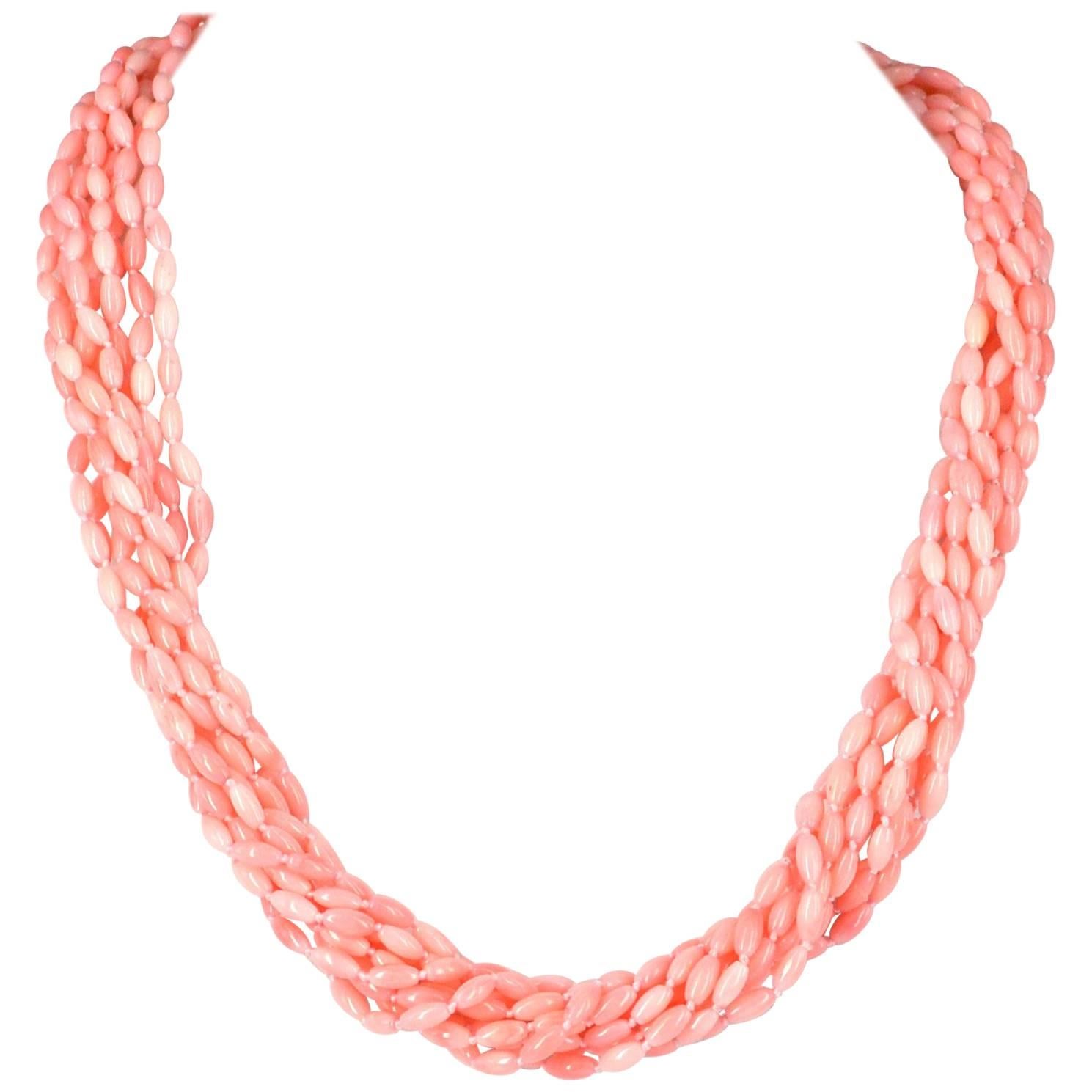 Decadent Jewels Nine Strand Apricot Coral Sterling Silver Necklace For Sale