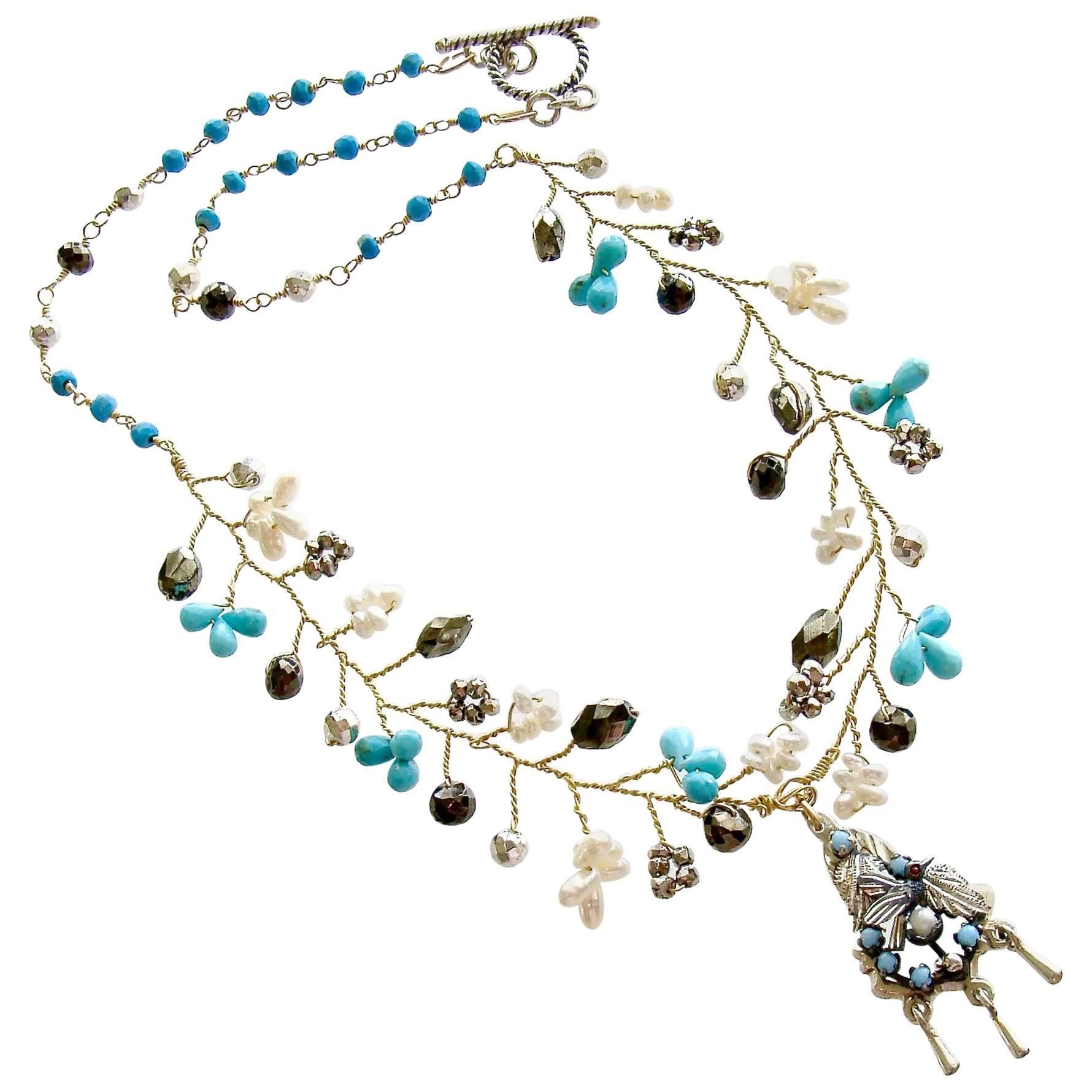 Turquoise Pyrite Pearls Pajaritos Pendant Necklace