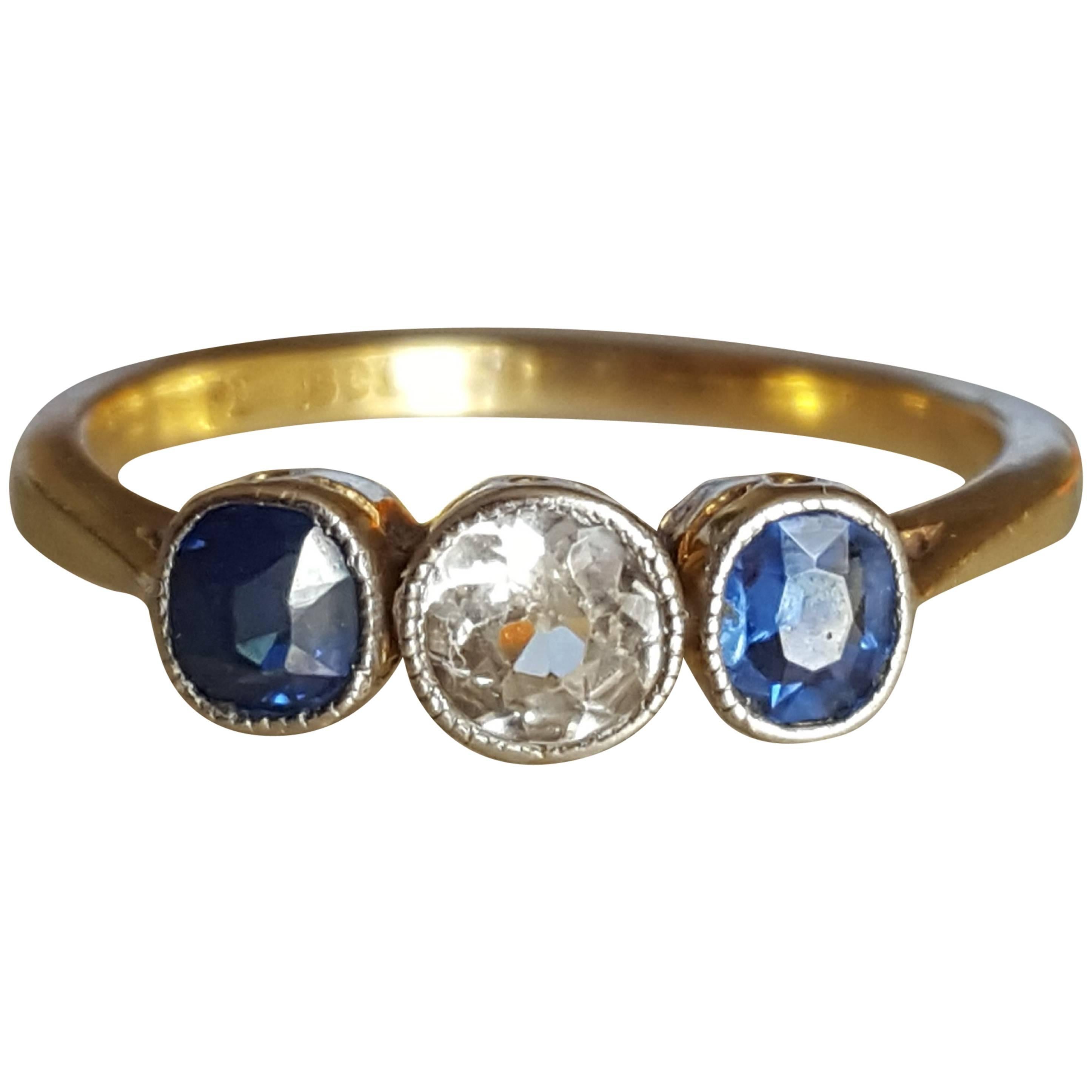 Art Deco White Blue Sapphire Trilogy Engagement Gold Ring