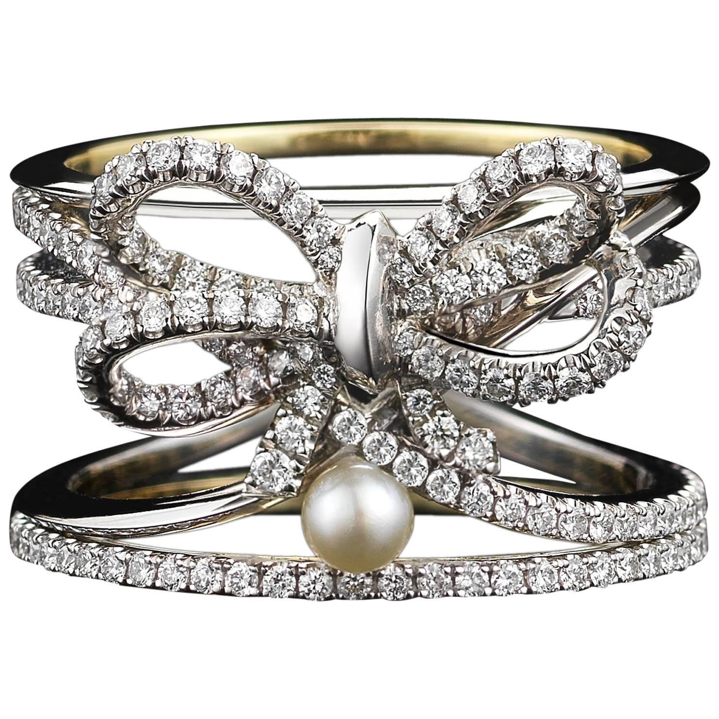 Alexandra Mor Contemporary Pearl Diamond Platinum Bow Ring For Sale