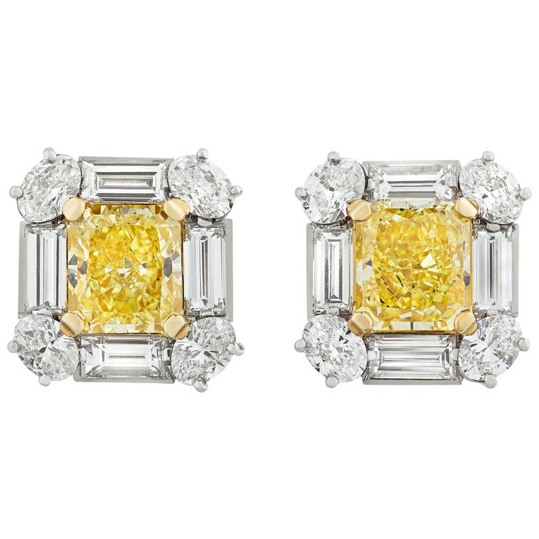 Fancy Intense Yellow Diamond Earrings, 4.18 Carat For Sale