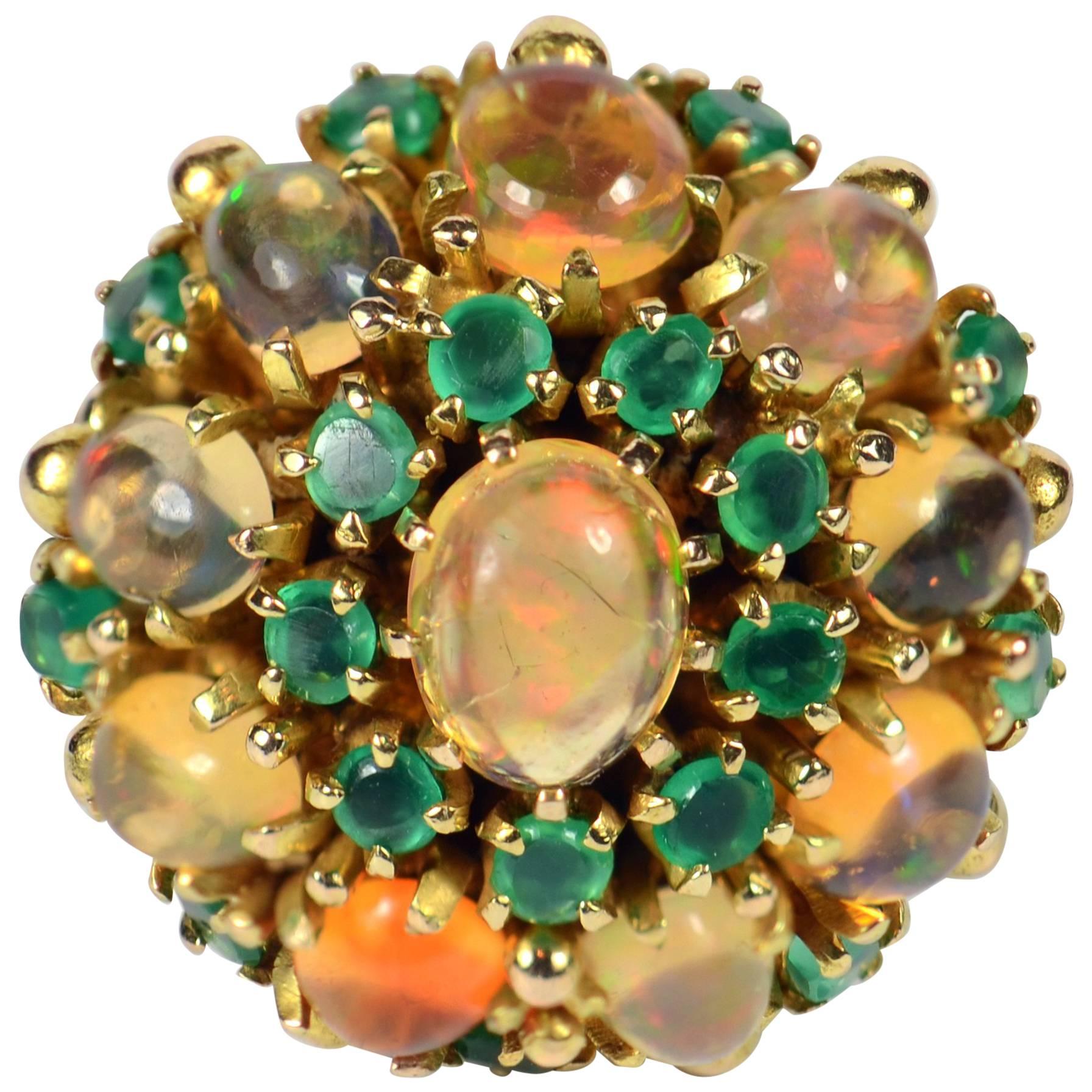 circa 1960 Fire Opal Agate Gold Bombe Cluster Cocktail Ring