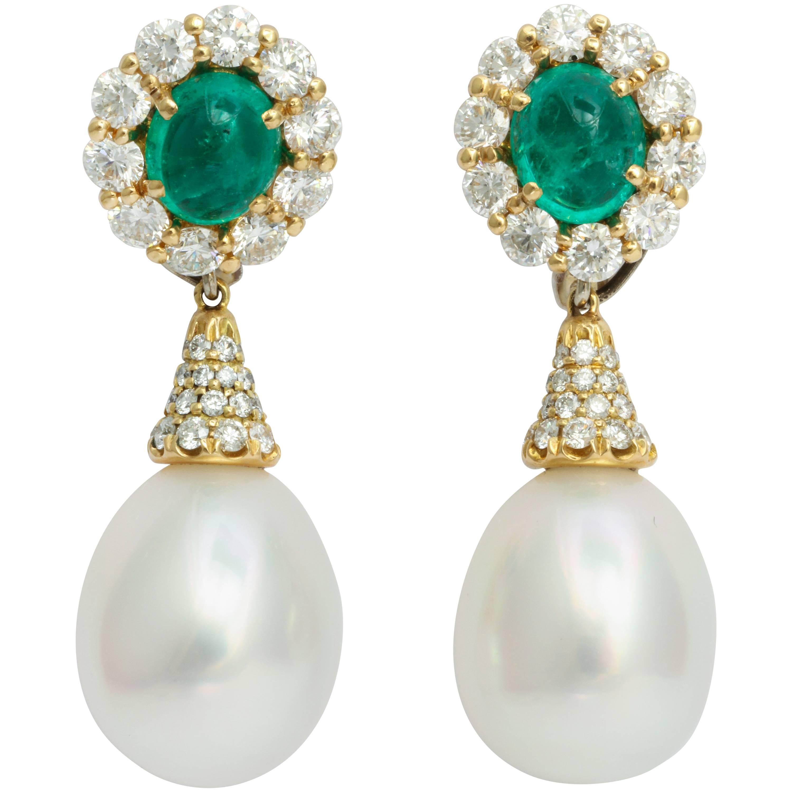 Donna Vock Emerald Diamond and Cultured Pearl Drop Day Night Clip-on Earrings