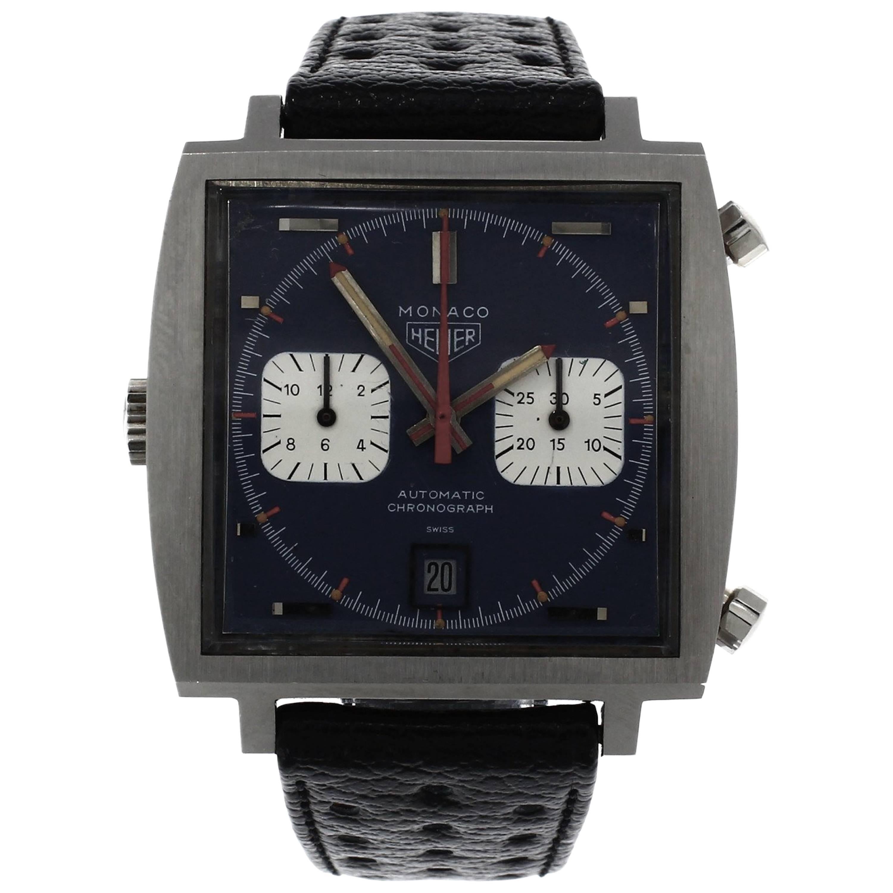Heuer Stainless Steel Monaco Steve McQueen Chronograph Wristwatch, circa 1971 For Sale