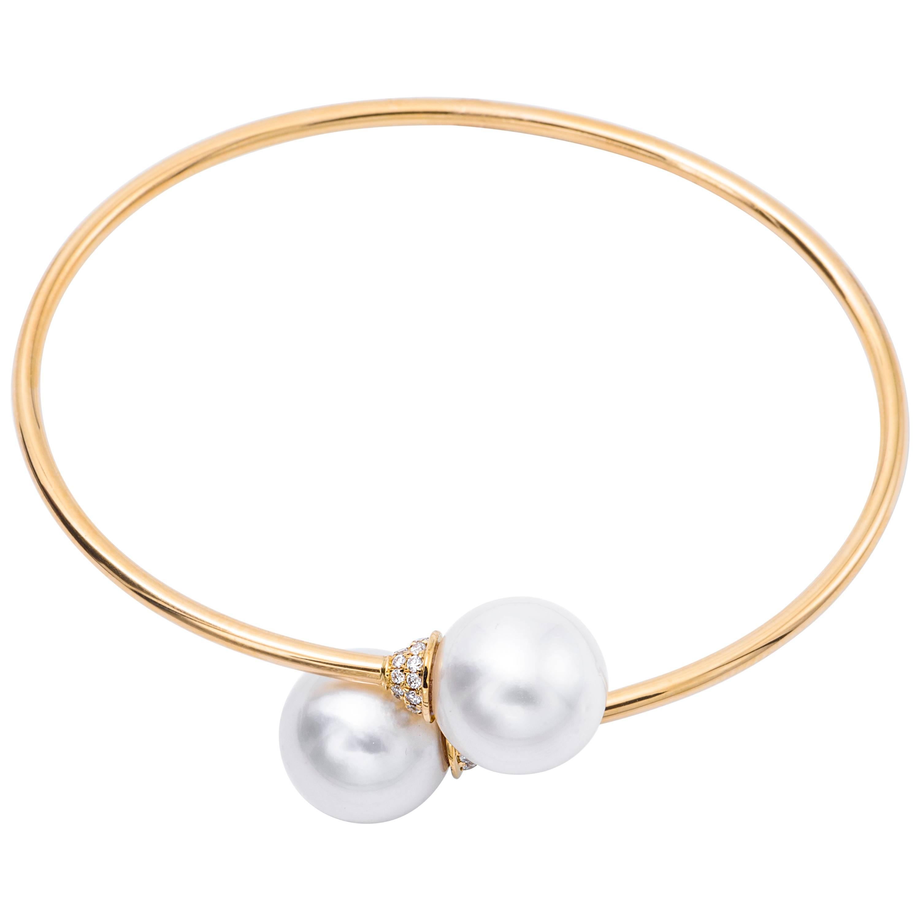 South Sea Pearl Diamond Bypass Bangle 18K Yellow Gold  For Sale