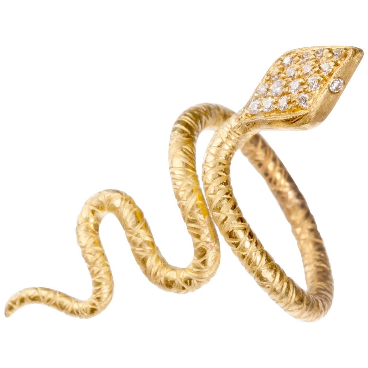 Lika Behar Diamond Snake Ring in 24 Karat Yellow Gold For Sale