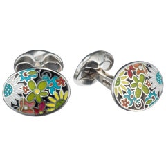 Deakin & Francis Floral Enamel Cufflinks in Sterling Silver