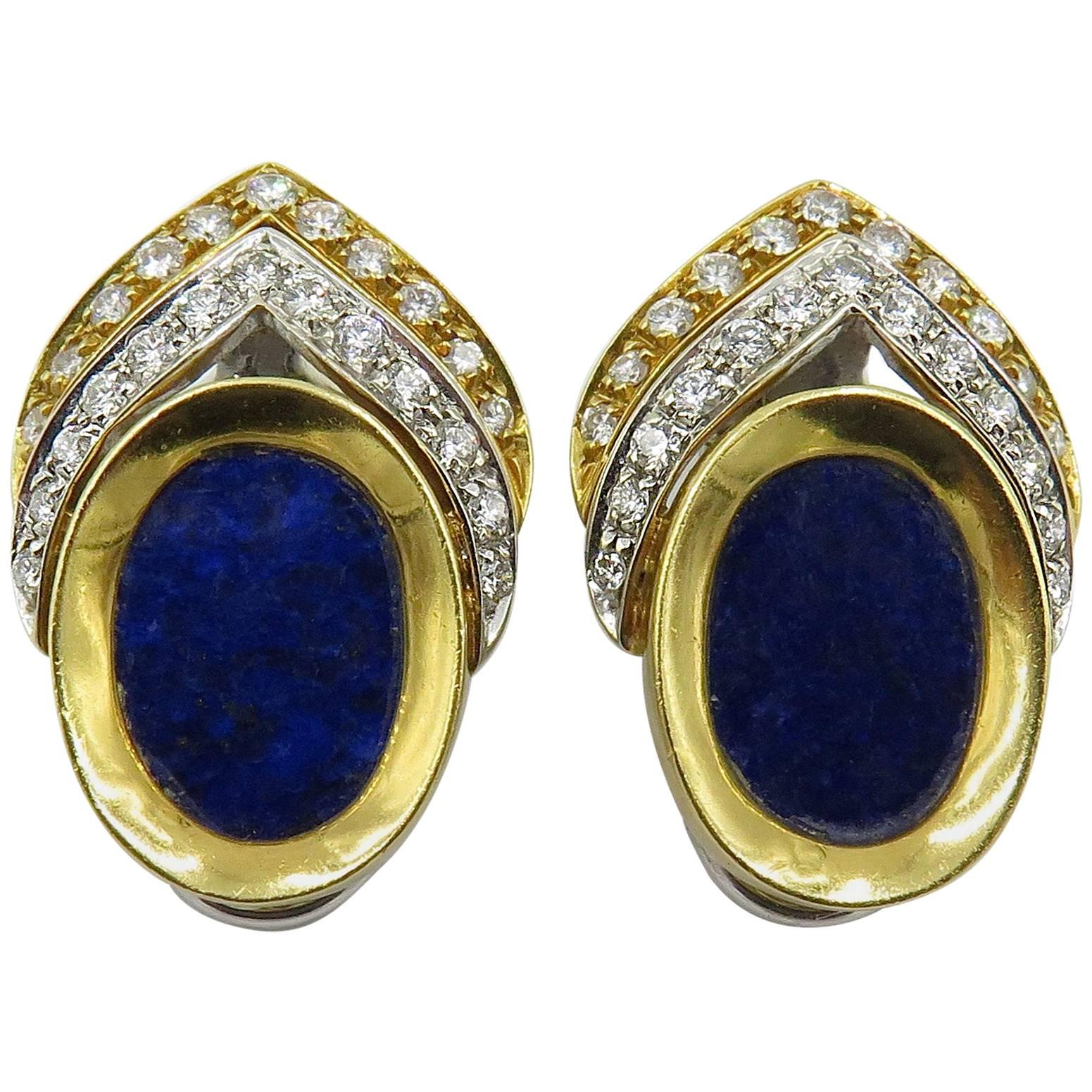 Yellow Gold, White Gold, Lapis Lazuli and Diamond Earrings
