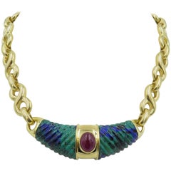 David Webb Yellow Gold, Azurmalachite and Ruby Necklace