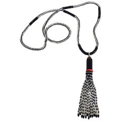 Black Spinel, White Topaz, Onyx, and Coral Sautoir with Diamond Encrusted Tassel