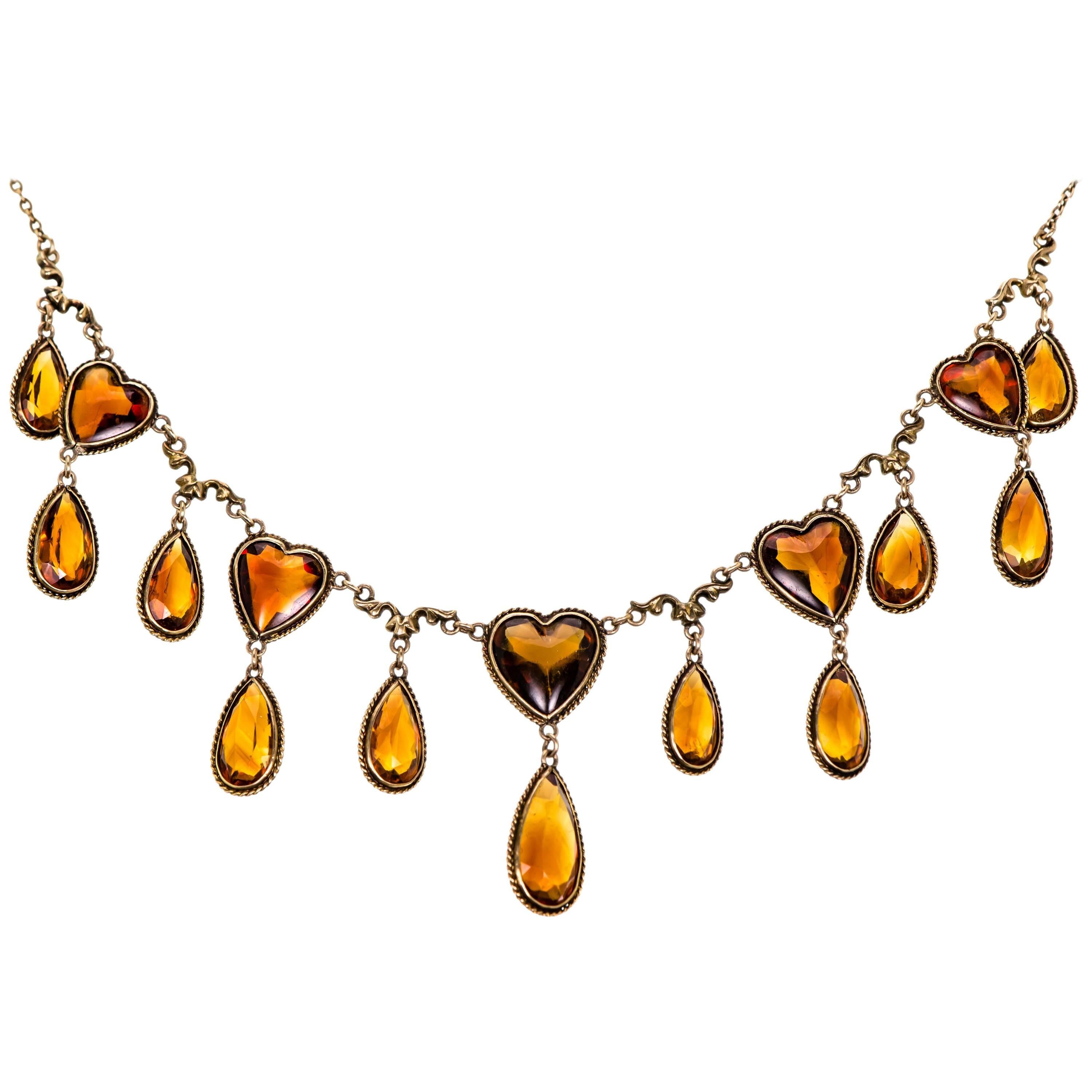 Pretty Antique Yellow Gold and Citrine Heart Necklace For Sale