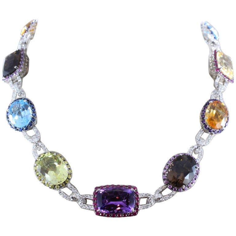 MultiColor Gemstone Diamond Gold Necklace For Sale at 1stDibs