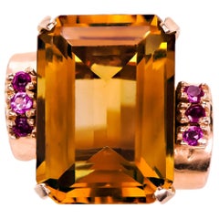 Retro Circa 1935 Citrine, Ruby & 14 Karat Yellow Gold Cocktail Ring