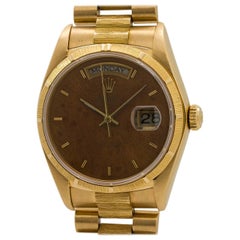 Rolex Yellow Gold Burl Wood Dial Bark Day Date Automatic Wristwatch, circa 1978