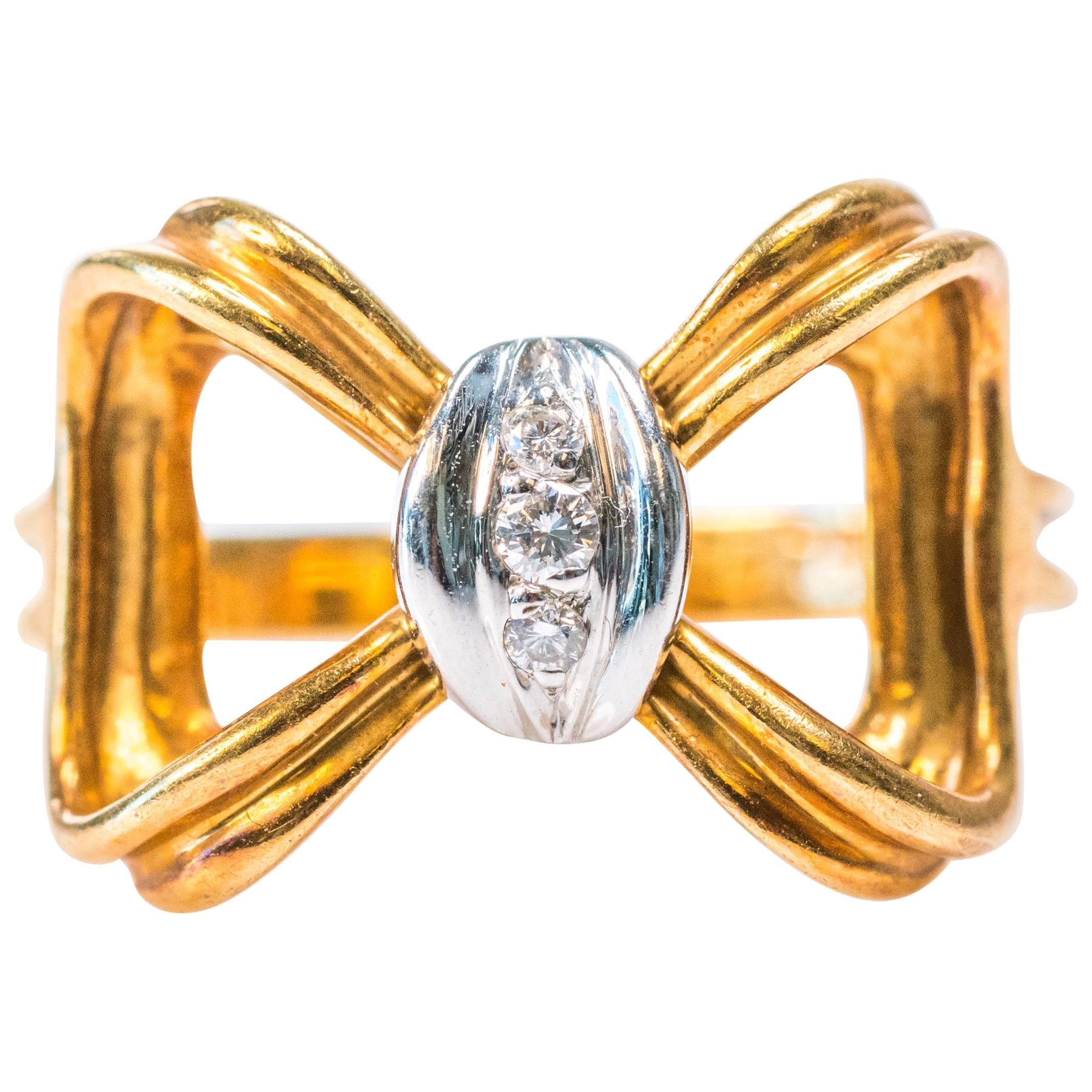 1980s Tiffany & Co. Diamond, Platinum and 18K Gold Bow Ring