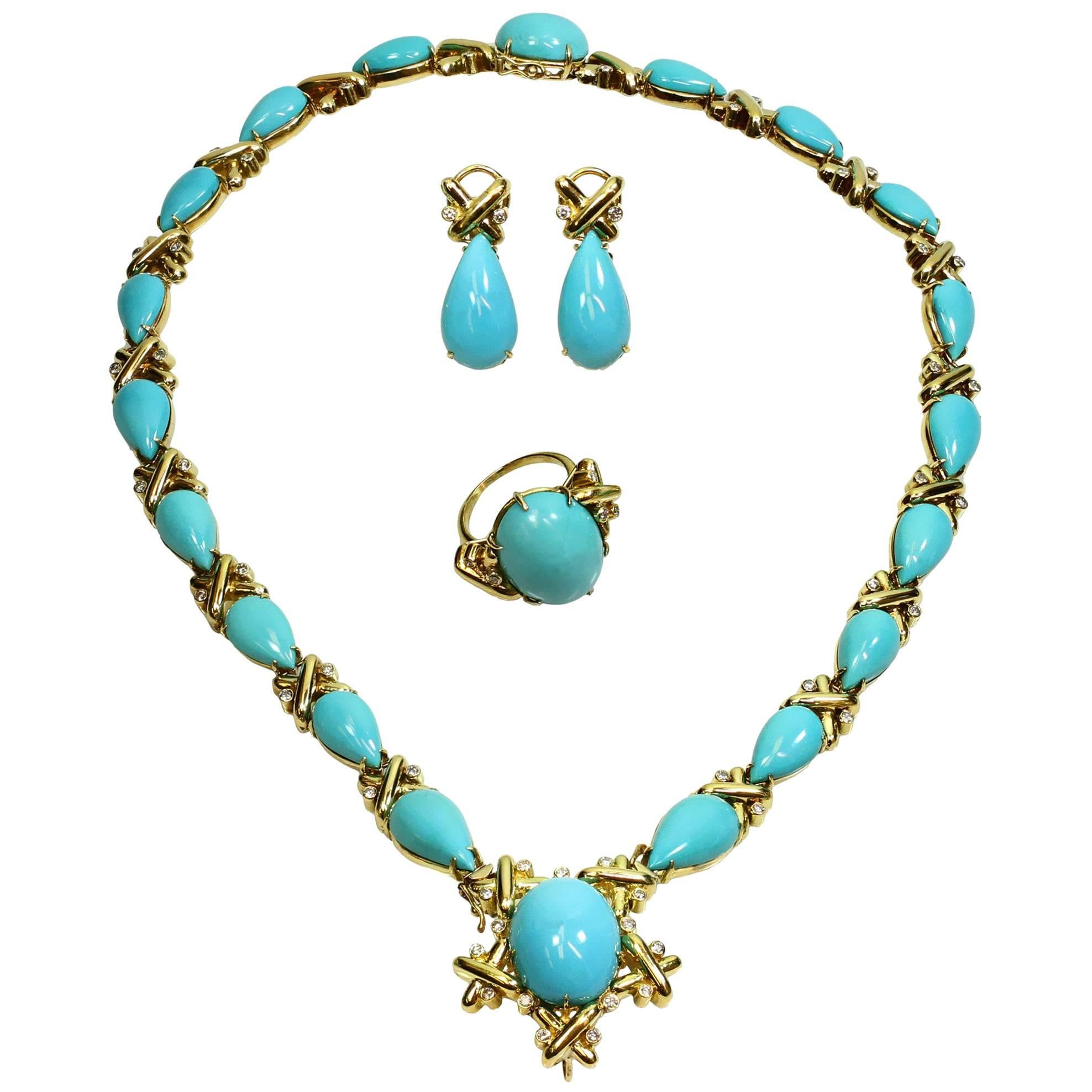 Turquoise Diamond Yellow Gold Detachable Brooch Necklace Ring and Earrings Set