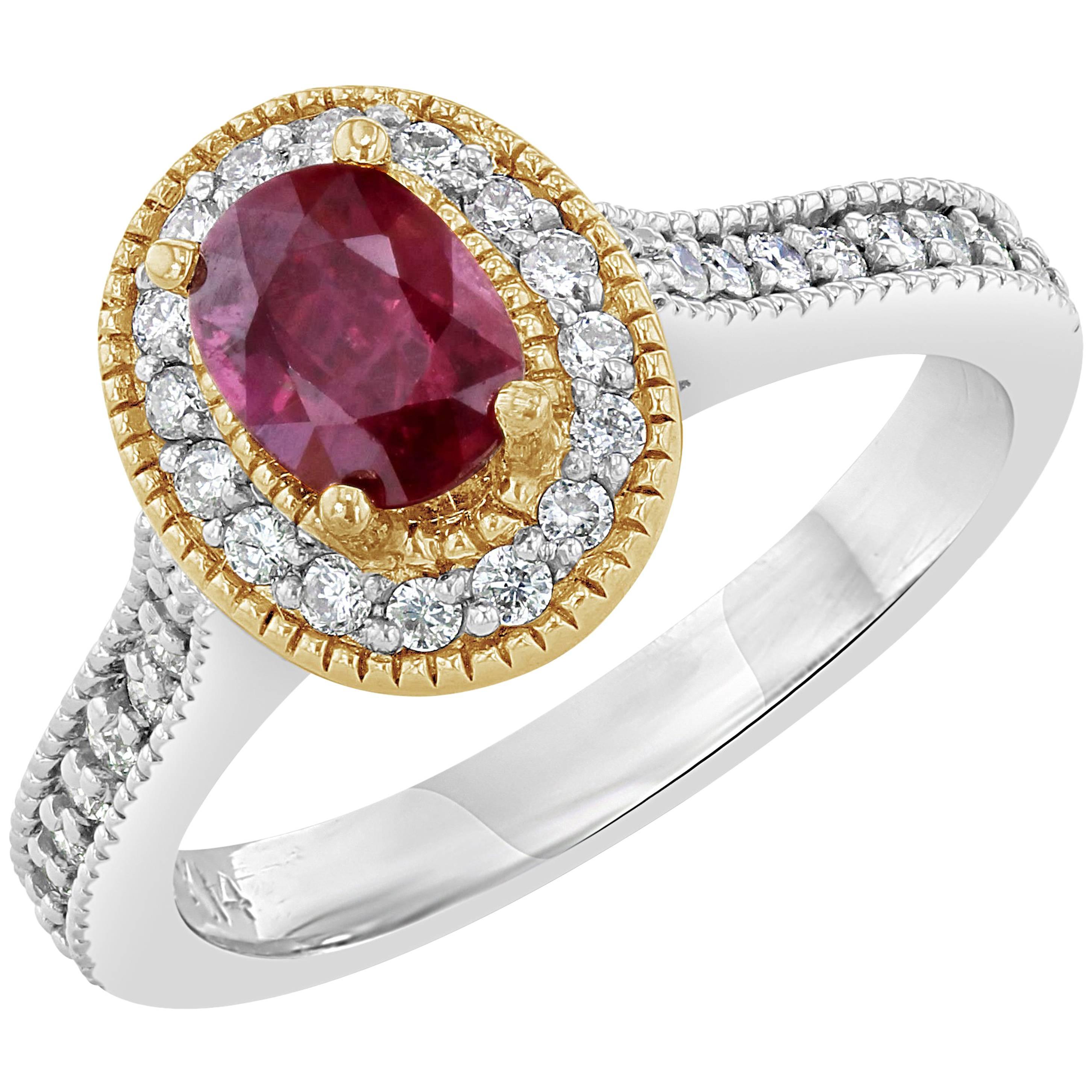 1.20 Carat Burmese Ruby Diamond Halo 14 Karat Gold Engagement Ring For Sale