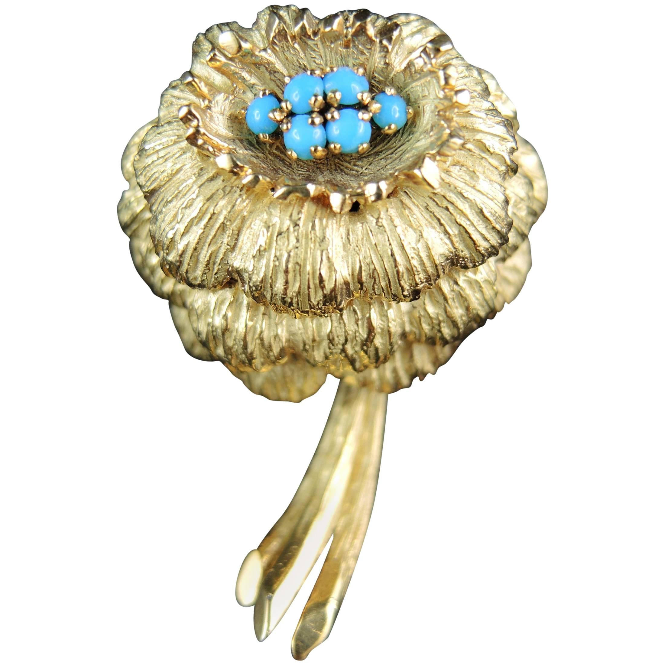 French Flower Gold Brooch by Michèle Morgan, French Actress, circa 1970 For Sale