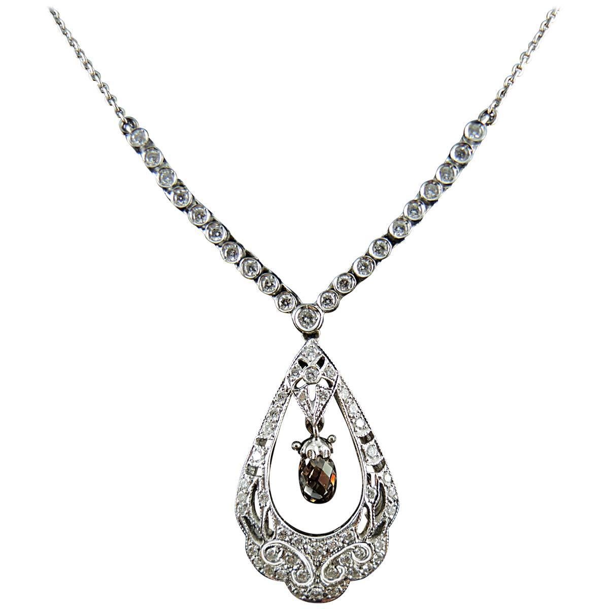 French White Gold Necklace with White and Cognac Diamonds For Sale