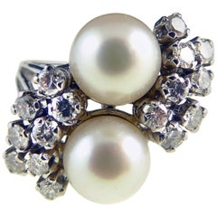 Vintage Diamond and Pearl Cocktail Cluster Ring in 18 Carat White Gold