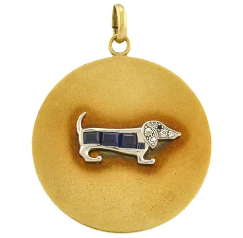 Dachshund Diamond and Sapphire 14 Karat Gold and Platinum Dog Charm For Sale