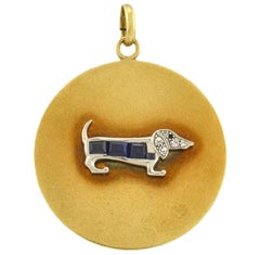 Dachshund Diamond and Sapphire 14 Karat Gold and Platinum Dog Charm