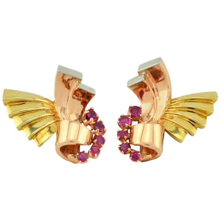 Retro Ruby and 14 Karat Pink, Yellow and White Gold Earrings For Sale