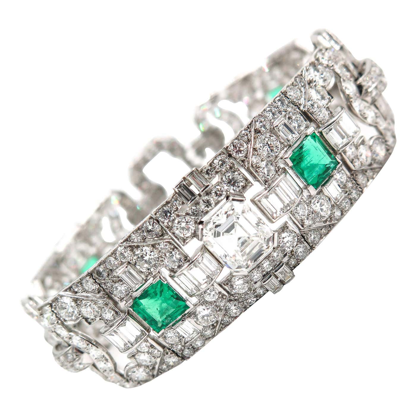 Art Deco Style Emerald Diamond Platinum Bracelet For Sale at 1stDibs