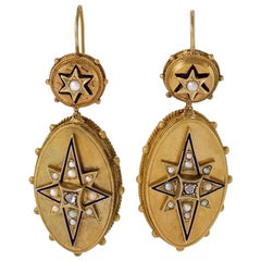 English Victorian Diamond Pearl Enamel and Gold Star Earrings