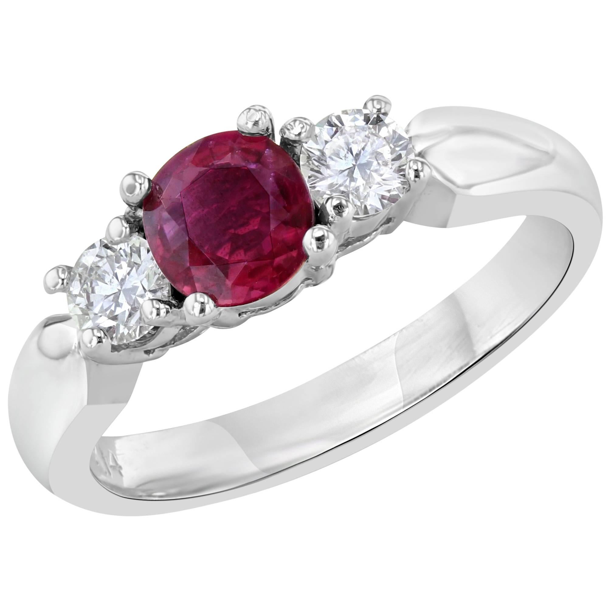 1.10 Carat Burmese Ruby and Diamond Three-Stone Ring